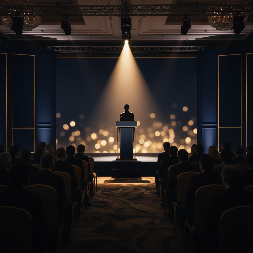 Palco de palestra corporativa com iluminação dourada
